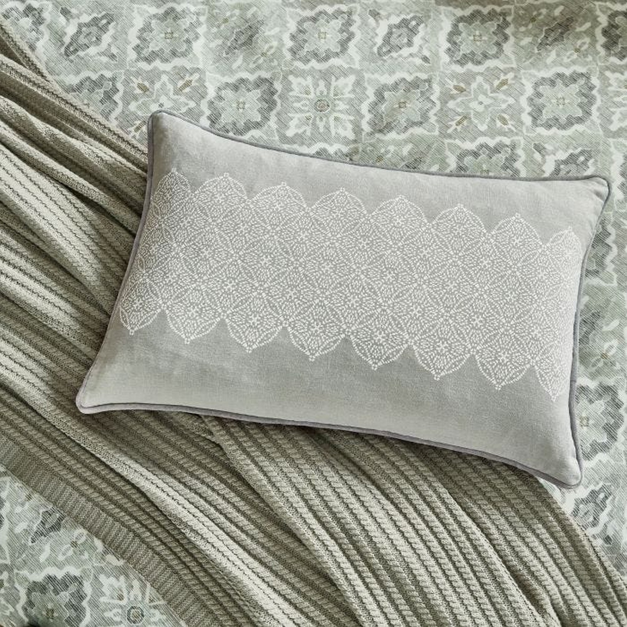 Navah Feather Geometric Cotton Cushion In Sage Green